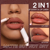 USHAS,Lipstick + lip liner set, matte finish, waterproof, long-lasting and non-staining, velvet nude lip gloss