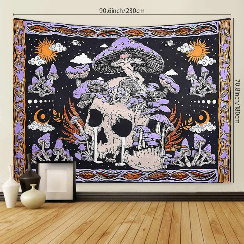 1pc Skeleton mushroom pattern tapestry, moon sun mandala tapestry, room decoration wall hanging
