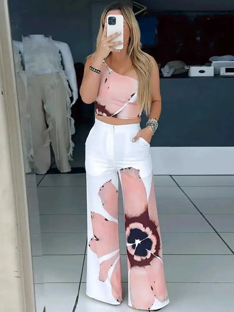 2 Piece Women Sets 2024 New Arrival Summer Autumn Matching Printing Two Pieces Sets Sleeveless Top And Pants Suits Outfits - Lootquake