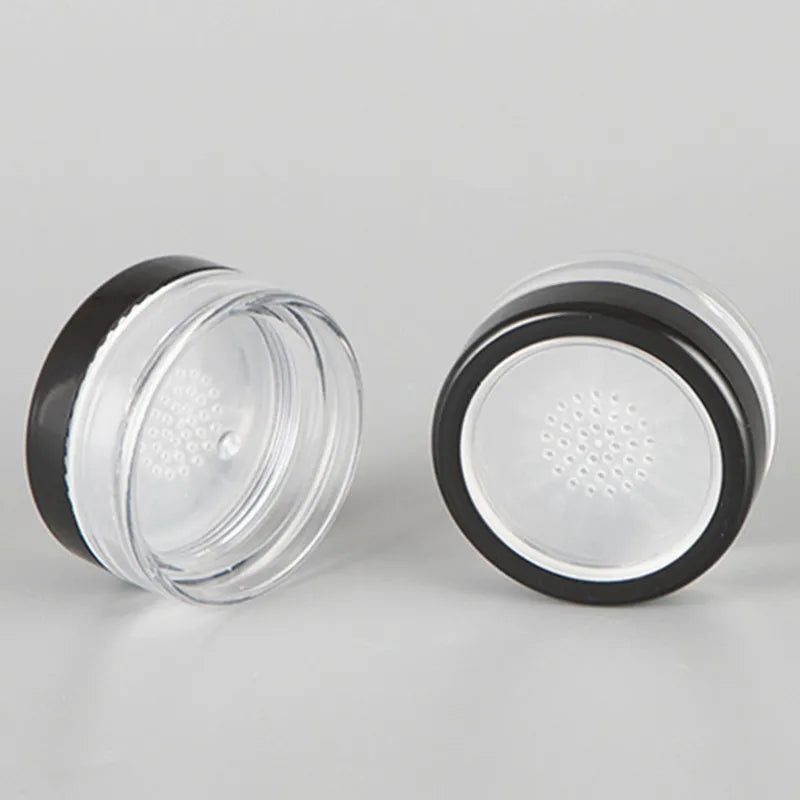 Lote de 10 unidades de 10 g de polvos sueltos compactos con tapa transparente negra, rejilla y tapa de PP, recipiente para polvos, caja vacía para polvos.
