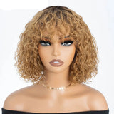 150% Density Ombre Honey Blonde Curly Bob Wig | Glueless Human Hair with Bangs