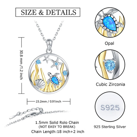 925 Sterling Silver Opal Sea Turtle Starfish Necklace Ocean Beach Necklace Mother Daughter Pendant Animal Jewelry Gift for Women - Lootquake