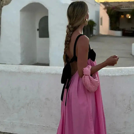 Sexy Backless Beach Dress Women 2024 Holiday Sleeveless Loose Slip  Long Dress Street Fashion Panelled Bandage Summer Lady Robe - Lootquake