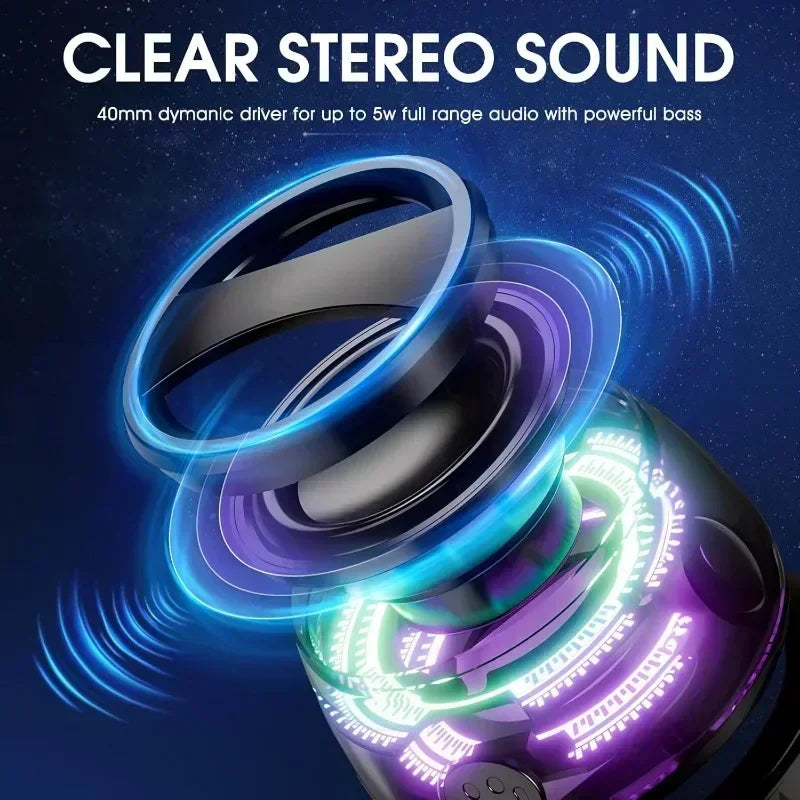 Altavoz Bluetooth inalámbrico con luces RGB, sonido estéreo y soporte para teléfono: minialtavoz portátil de viaje para iPhone y Android.