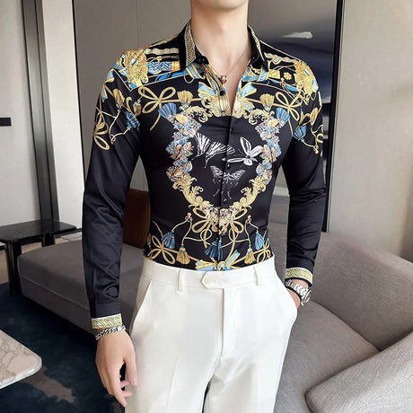 Vintage Long Sleeve Shirt Men Fashion Trendy Noble Printed Slim Mens Clothing Streetwear Autumn Mens Floral Shirts Plus Size 6XL - Lootquake