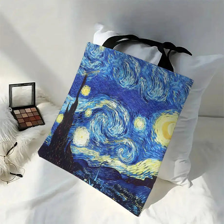 Van Gogh Series Linen Bag Oil Painting Starry Night Sunflower Apricot Flower Coffee Holder Handbag Lightweight Shoulder Bag - Lootquake