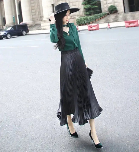 High-Waisted Vintage A- Line Accordion Skirt European Style Pleated Dress Metal Color Wide Hemline Long Dress For Women - Lootquake