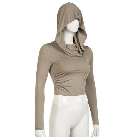 Women's Hooded Crop Tops Autumn Solid Color Long Sleeve Cowl Neck Slim Fit Short T-Shirt Streetwear Sporty Basics Tees - Lootquake