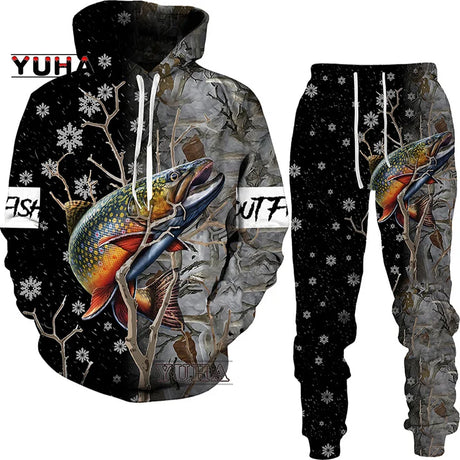 New 3D Fishing Art Print Casual Couple Hoodies Outfits Hip Hop Streetwear Hooded Sweatshirt+Sweat Pants Men's Tracksuit Set - Lootquake
