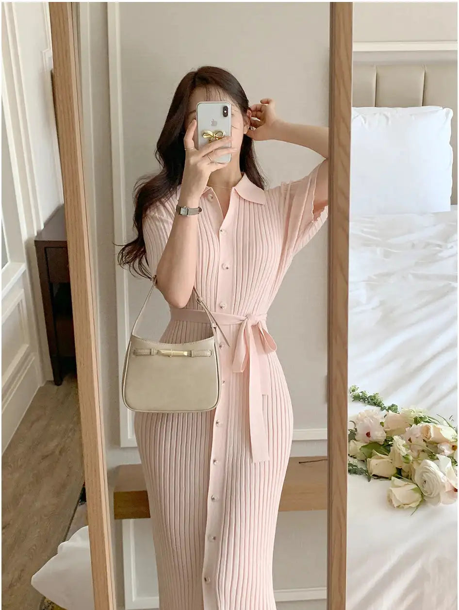 Elegant Summer Sweet Sle Turn-down Collar Single-button Thin Ice Silk Short-sleeve Knitted Long Dress Women's Fashion - Lootquake