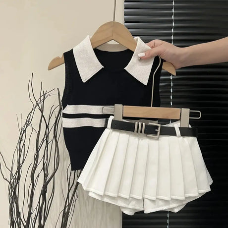 Baby Girls Knitted Polo Shirt Summer Set Latest Children's Western style Tank Top Fashionable Pleated Skirt Two Piece Set - Lootquake