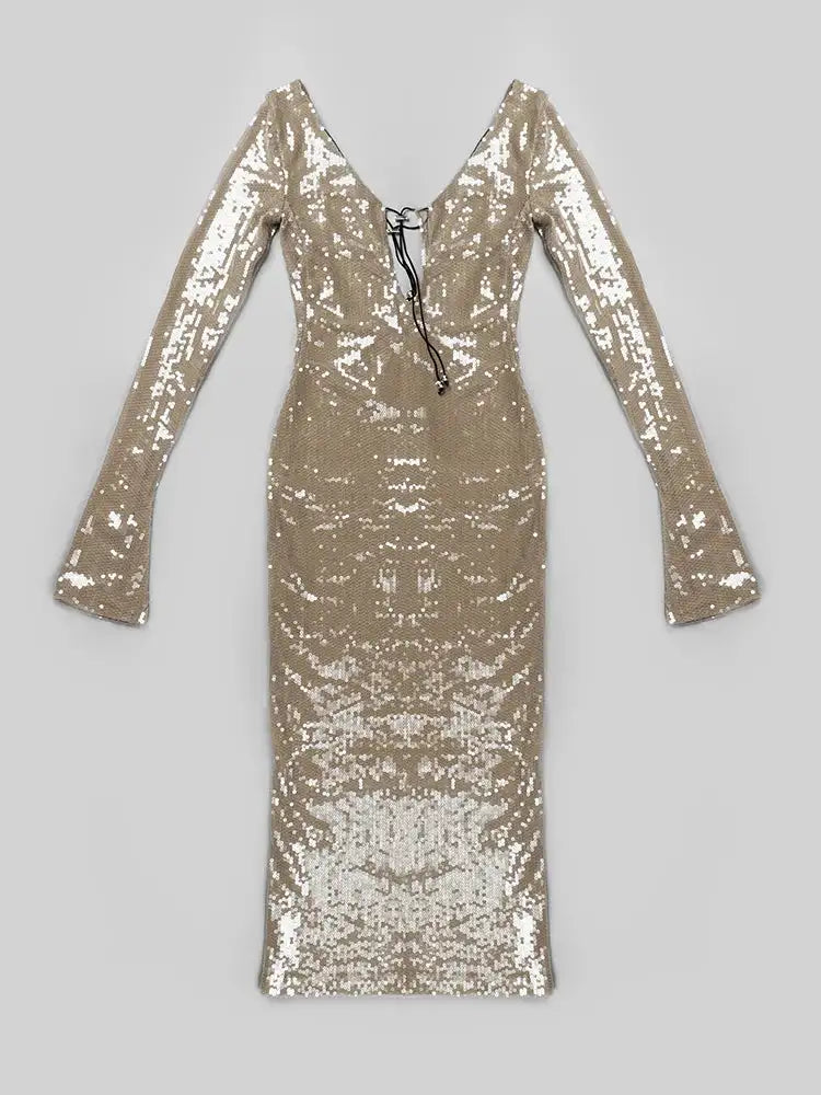 BEVENCCEL Sexy Luxury Sequins Deep V Long Sleeve Backless Sequins Long Dress Elegant  Bodycon Maxi Evening Party Clubwear Dress
