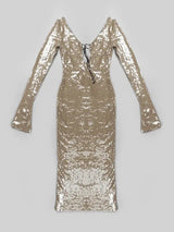 BEVENCCEL Sexy Luxury Sequins Deep V Long Sleeve Backless Sequins Long Dress Elegant  Bodycon Maxi Evening Party Clubwear Dress