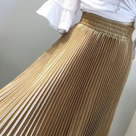 High-Waisted Vintage A- Line Accordion Skirt European Style Pleated Dress Metal Color Wide Hemline Long Dress For Women - Lootquake