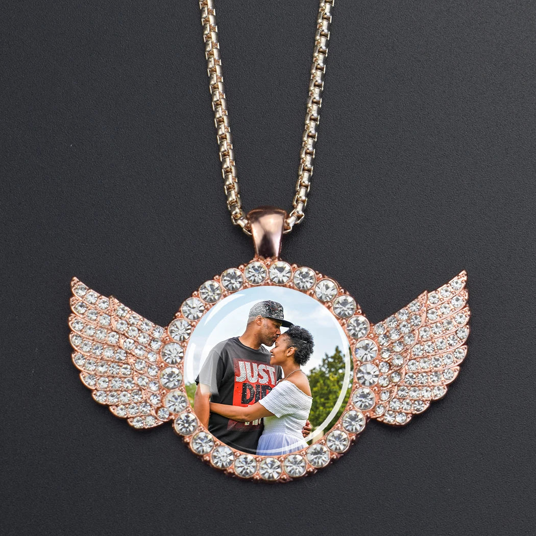 Custom Necklace Personalized Photo Picture Angel Wings Rhinestone Pendant Chains Necklaces Creative Fashion Hip Hop Jewelry Gift - Lootquake