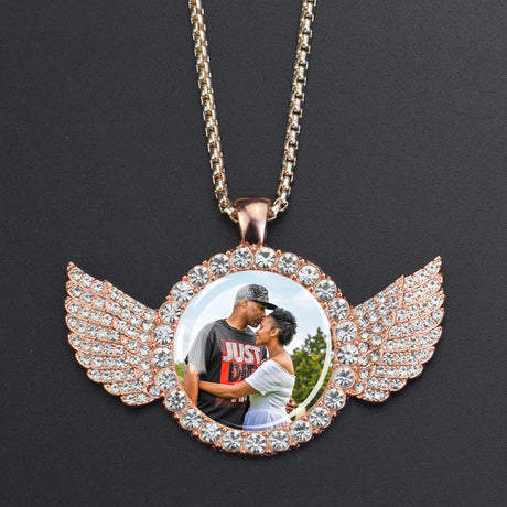 Custom Necklace Personalized Photo Picture Angel Wings Rhinestone Pendant Chains Necklaces Creative Fashion Hip Hop Jewelry Gift - Lootquake