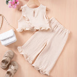Summer Kids Cotton Casual 2pcs Toddler Girls Solid Color Sleeveless Top + Ruffle Pants Set Comfortable Fashion Hot Sale - Lootquake