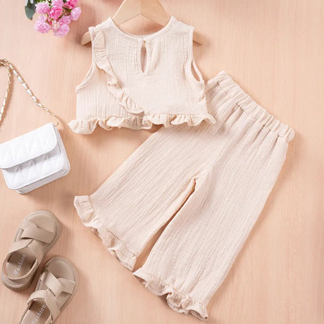 Summer Kids Cotton Casual 2pcs Toddler Girls Solid Color Sleeveless Top + Ruffle Pants Set Comfortable Fashion Hot Sale - Lootquake