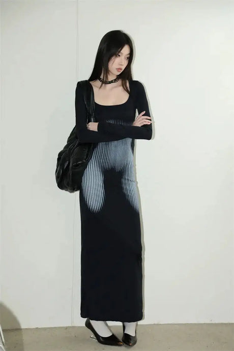 Y2K Sexy Long Sleeved Print Design Long Dress Elegant Slim Square Necked Dress Woman Street Style Wrapped Hip Skirt - Lootquake