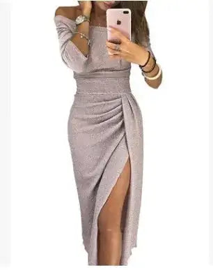 Slit Slash-neck Dress Women Sparkling Slim Long Dress Summer Korean Fashion Dinner Dress Bodycon Solid  Women Dresses Vestidos - Lootquake