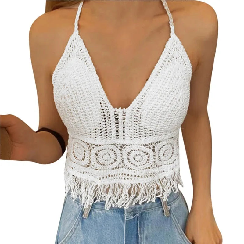 Traje de baño de punto de crochet para mujer, traje de baño tipo pareo, chaleco, top calado, ropa de playa, top corto sin mangas