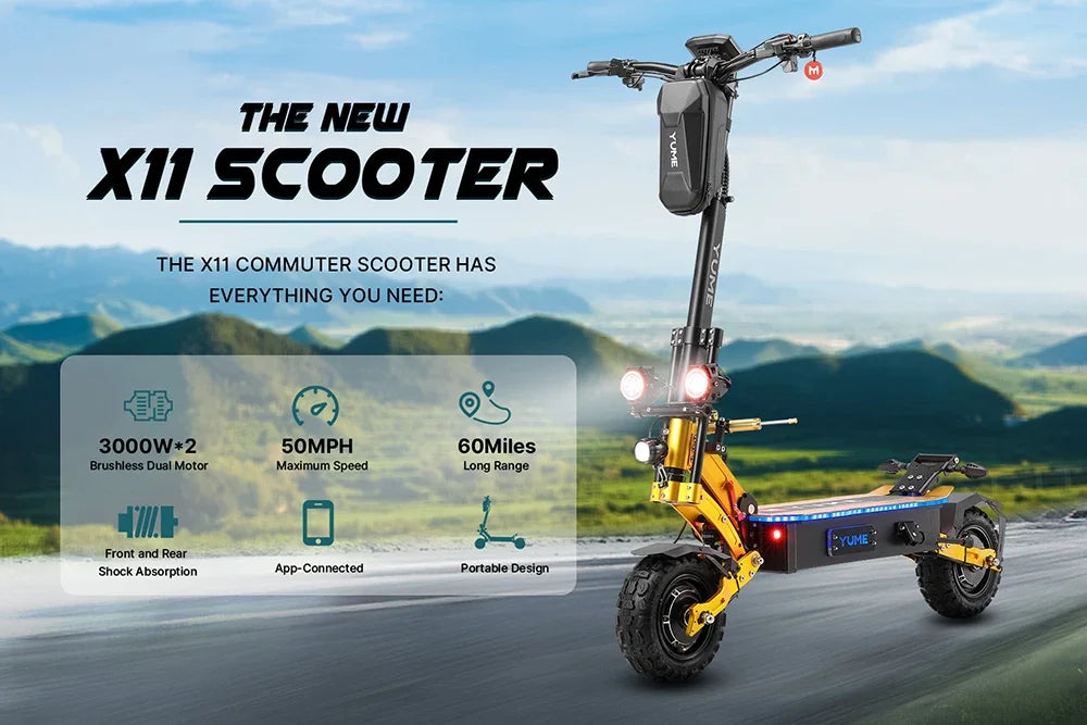 YUME X11+ Electric Scooter 6000W 60V 30Ah Battery Dual Motors 11inch Tires 90KM Max Mileage 150KG Max Speed 95km/h E-Scooter