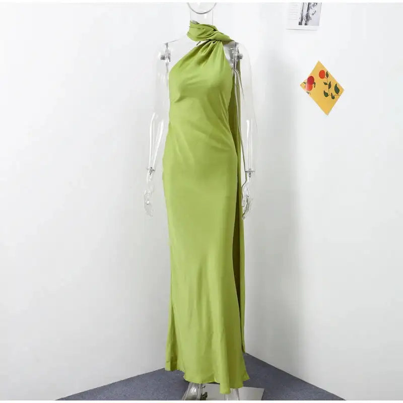 Elegant Satin Halter Slim Long Dress With Scarf Women New Sexy Backless Sleeveless Maxi Dresses Summer Lady Party Chic Vestidos - Lootquake
