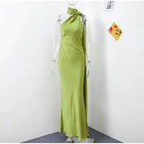 Elegant Satin Halter Slim Long Dress With Scarf Women New Sexy Backless Sleeveless Maxi Dresses Summer Lady Party Chic Vestidos - Lootquake