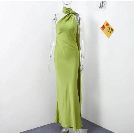 Elegant Satin Halter Slim Long Dress With Scarf Women New Sexy Backless Sleeveless Maxi Dresses Summer Lady Party Chic Vestidos - Lootquake