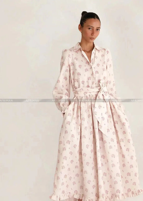 2025 New 100% Linen Flower Print Long Sleeve Tie Up Waist Loose Long Dress - Lootquake