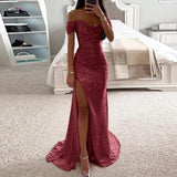 Sexy Sequin Evening Party Prom Long Dress Women Elegant V-Neck Gown Dress Off Shoulder Slim High Split Gown Female Vestidos - Lootquake
