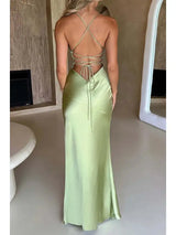 Fashion Sexy Satin Backless Camis Dress Spaghetti Strap Split Hem Silk Y2K Bodycon Casual Lace-up Summer Evening Long Dress 2024 - Lootquake