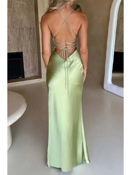 Fashion Sexy Satin Backless Camis Dress Spaghetti Strap Split Hem Silk Y2K Bodycon Casual Lace-up Summer Evening Long Dress 2024 - Lootquake