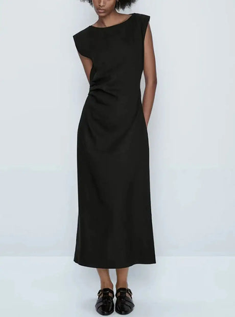 TRAF Women's Long Sleeveless Dress Black Fashion Linen Blend Shrinking Pleated Long Dress Temperament Elegant Women's Clothing - Lootquake