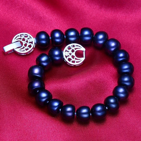 Women Natural Black Freshwater Pearl Jewelry Sets,925 Sterling Silver Necklace&Bracelet,9-10mm Beads Jewelry,Life Tree Buckle - Lootquake