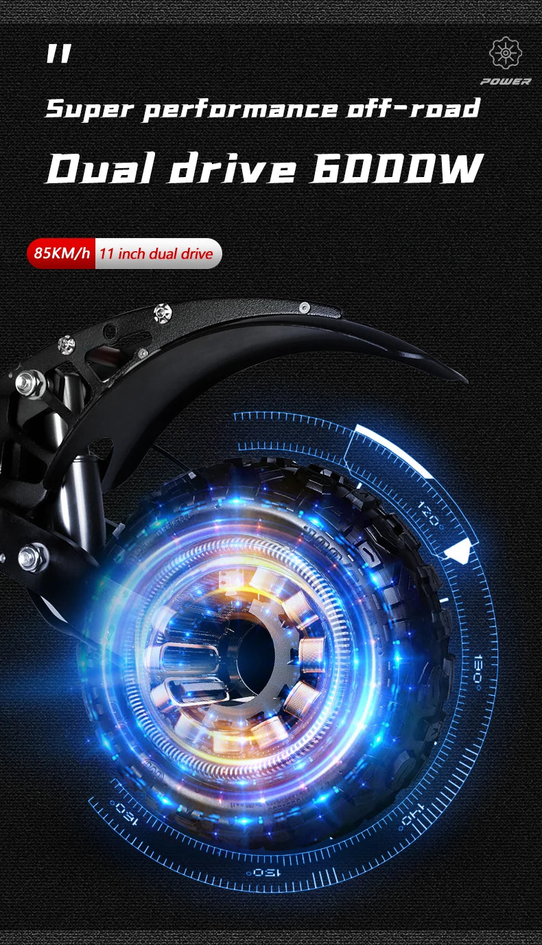 6000W Powerful Electric Scooter 60V 38Ah Max Speed 85km/h 100kmRange 11'' Tires Dual Shock Absorbing Folding EScooter for Adults