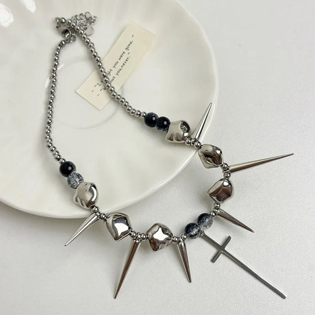 Retro Y2K Long Spike Rivet Necklace Stainless Steel Cross Hip Hop Necklace for Women Vintage Grunge Style Party Jewelry - Lootquake