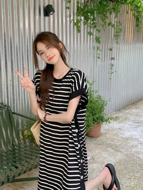 2024 New Casual Korean Striped O-neck Short Sleeve Long Dress Ladies Simplicity Patchwork Loose Tshirt Dress Women Clothing - Lootquake