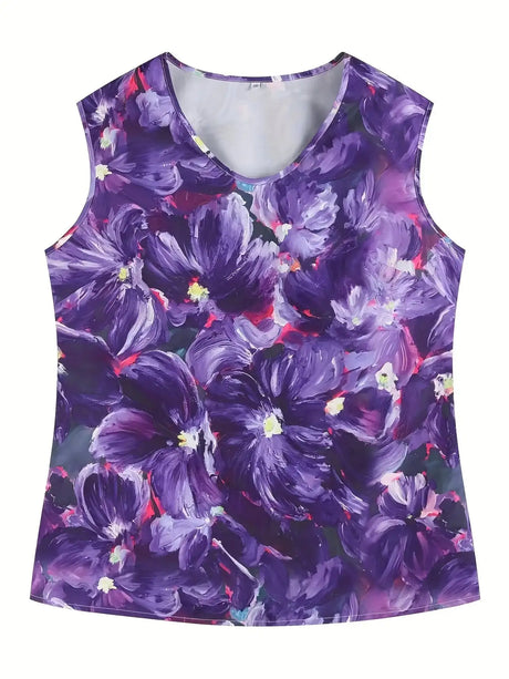 Plus Size Floral Print Tank Top, Casual V Neck Sleeveless Top For Summer, Women's Plus Size Clothing - Lootquake