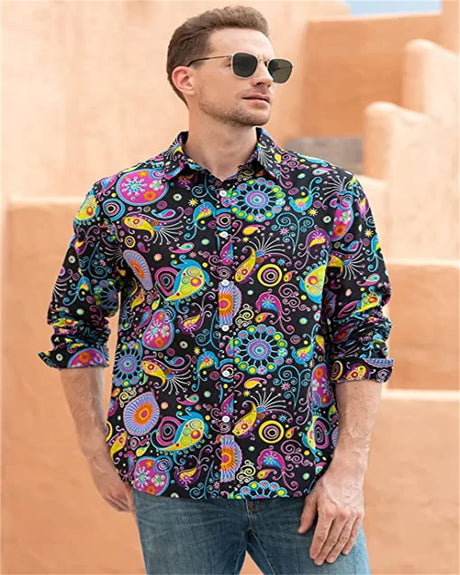 Fashionable Men's 70s Disco Shirts Casual Shirts Floral Vintage Long Sleeve Shirts Button Lapel Cardigan Mens Oversized Shirts - Lootquake