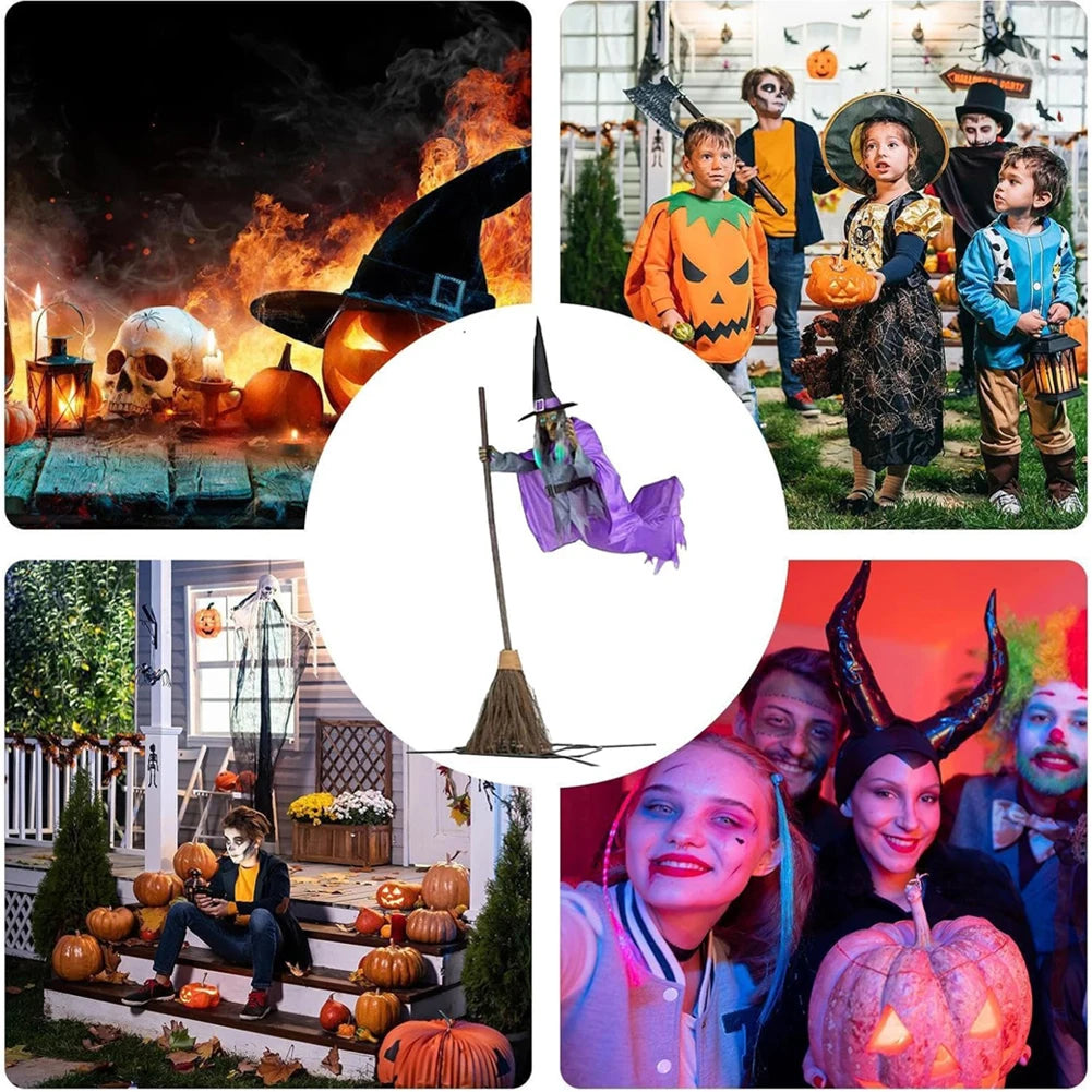 Halloween Props with Terrifying Sounds and Lights Halloween Flying Witch Decor Broom Wizard Decor for Balcony Entry Themed Party