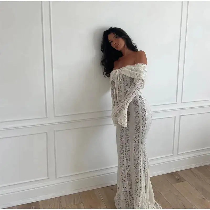 Lace Hollow Out One-shoulder Slim Long Dress For Women Solid Lace Up Waistless Dresses 2024 Chic Sexy Female Party Date Robes - Lootquake