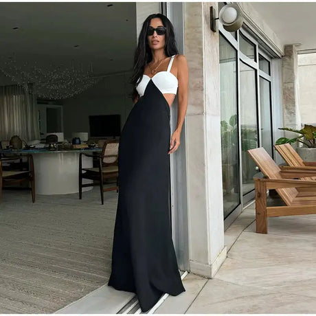 Fashion Black White Patchwork Long Dress Women Sexy Hollow Waist Slim Fits Party Robes Causal Vocation High Street Vestidos - Lootquake
