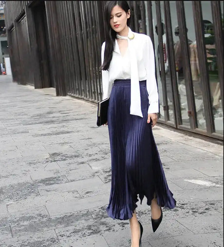High-Waisted Vintage A- Line Accordion Skirt European Style Pleated Dress Metal Color Wide Hemline Long Dress For Women - Lootquake
