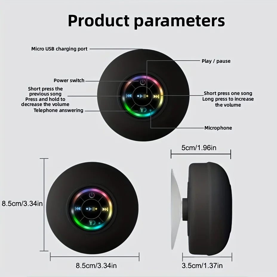 Nuevo altavoz inalámbrico LED Bluetooth impermeable para baño, minialtavoz portátil con ventosa grande, altavoz estéreo para deportes al aire libre