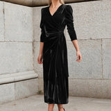 Elegante vestido largo de terciopelo liso para mujer, cuello en V, cruzado, manga larga, cintura alta, fruncido, con cordones, vestido de cumpleaños, vestido de noche sexy para fiesta