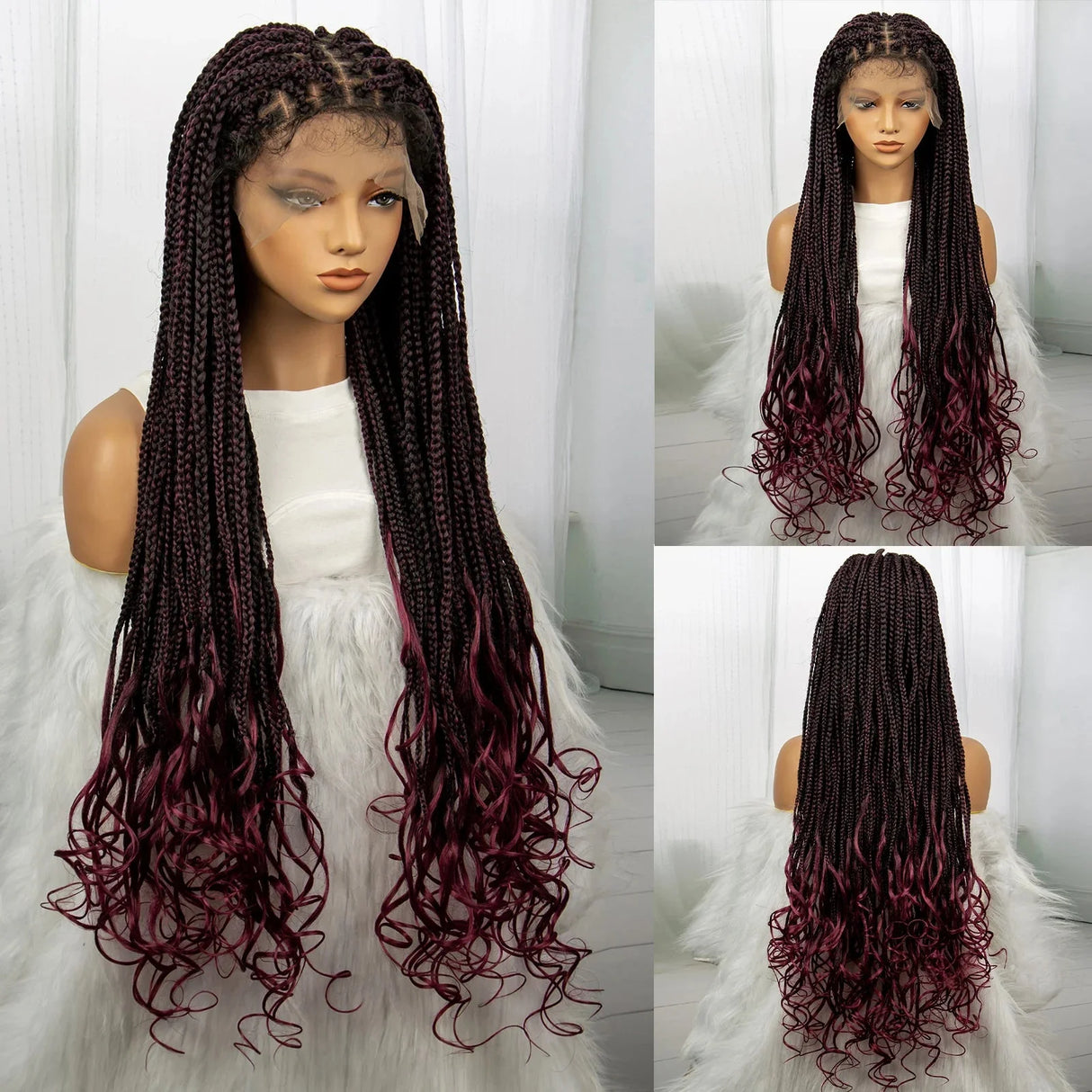 36 Inch Synthetic Braided Wigs Knotless Boho Braided Lace Wigs with Curly Ends Lace Front Braiding Hair Wig for Black Women