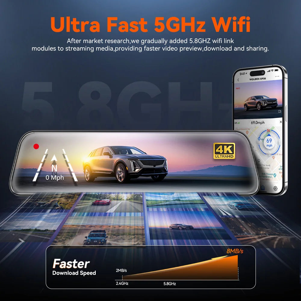 WOLFBOX G930 Caméra de tableau de bord 10 pouces Wifi 4K DVR pour voiture FOV 140° Caméra de tableau de bord avec rétroviseur, vue de stationnement 24h/24, écran tactile, enregistreur vidéo