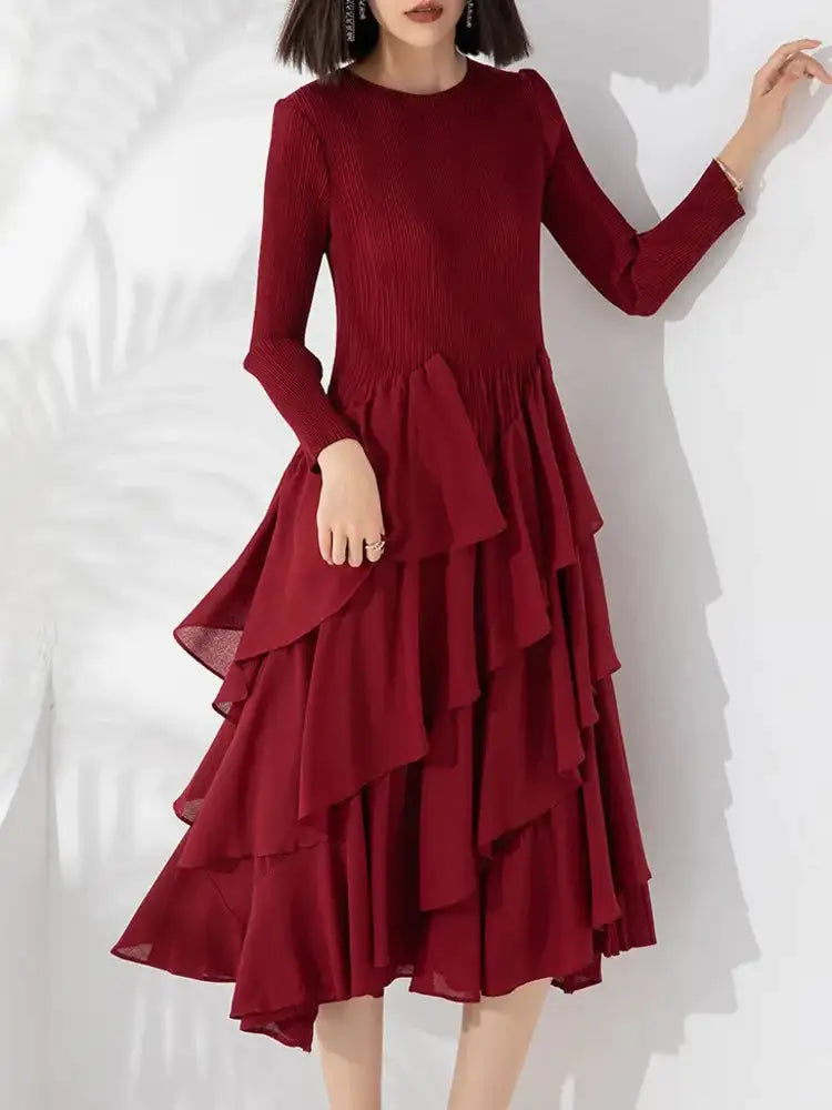 LANMREM Elegant Pleated Long Dress For Women Round Neck Long Sleeves Ruffles A-line Dresses Fashion 2025 Spring New 32C2026 - Lootquake