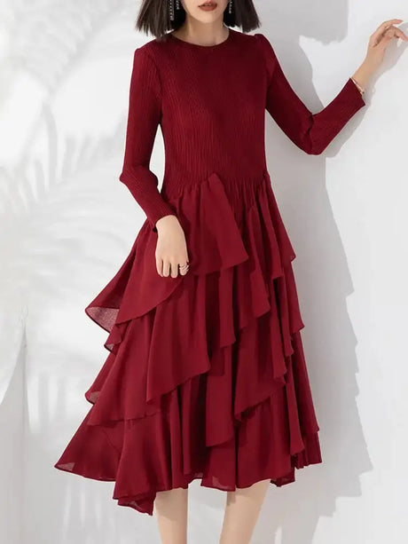 LANMREM Elegant Pleated Long Dress For Women Round Neck Long Sleeves Ruffles A-line Dresses Fashion 2025 Spring New 32C2026 - Lootquake